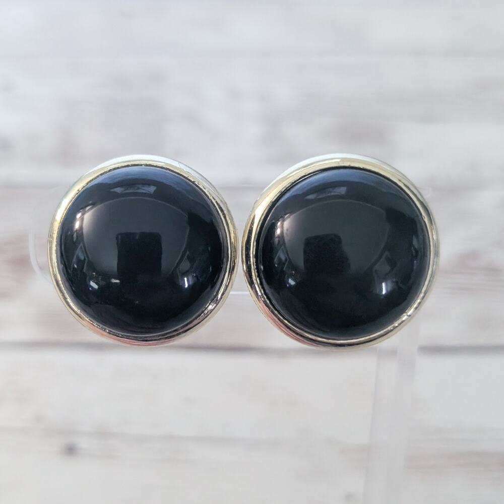 Vintage Clip On Earrings Large Black with Thin Gold Tone Halo Domed